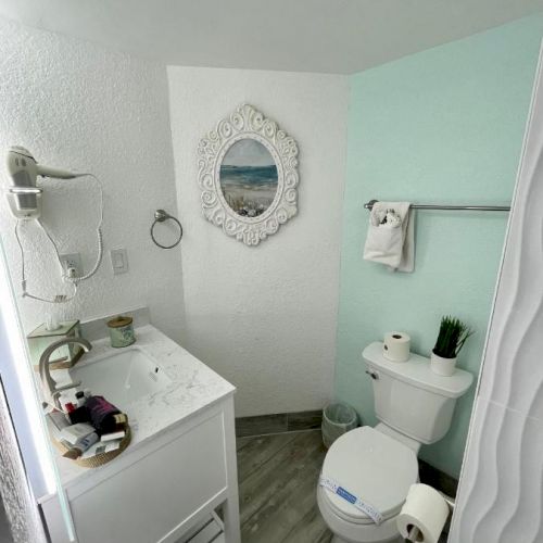 A small bathroom with a vanity, toilet, and wall decor in pastel colors, featuring a framed picture and a few toiletries.