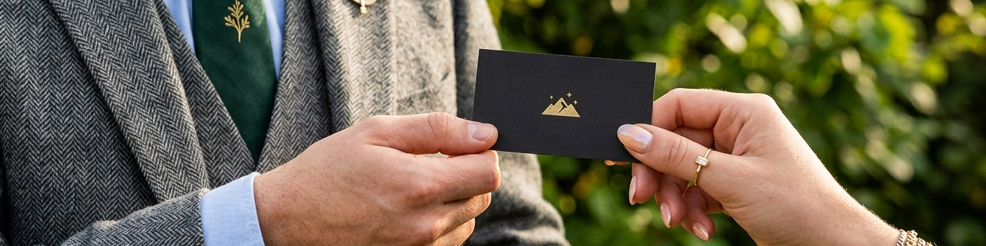 A man and woman outdoors exchange a black card with a gold religious emblem in their hands.